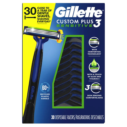 Gillette Custom Plus3 Disposable Razors Sensitive, 30-count