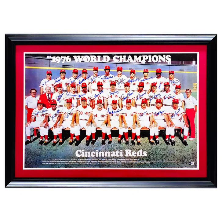1976 Cincinnati Reds 'Big Red Machine' Team Autographed Framed 24” x 36” Poster with 27 Signatures Including Pete Rose - Beckett Authenticated