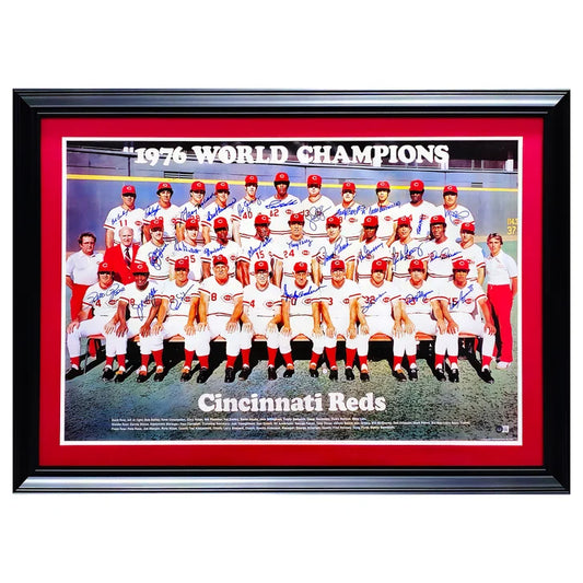1976 Cincinnati Reds 'Big Red Machine' Team Autographed Framed 24” x 36” Poster with 27 Signatures Including Pete Rose - Beckett Authenticated