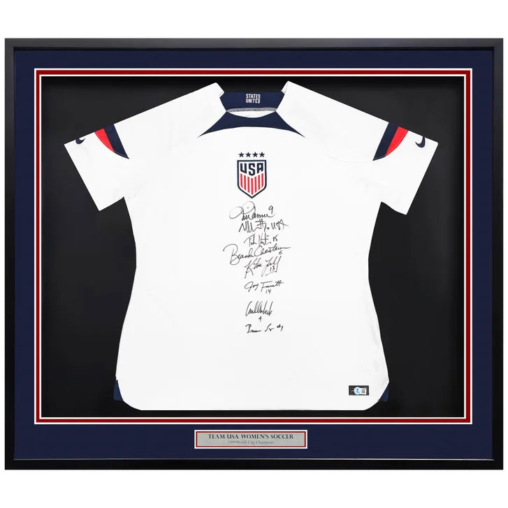1999 World Cup Champion Team USA Women's Soccer Team Autographed Framed White Nike Jersey with 8 Signatures - Beckett Authenticated