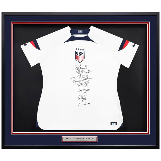 1999 World Cup Champion Team USA Women's Soccer Team Autographed Framed White Nike Jersey with 8 Signatures - Beckett Authenticated