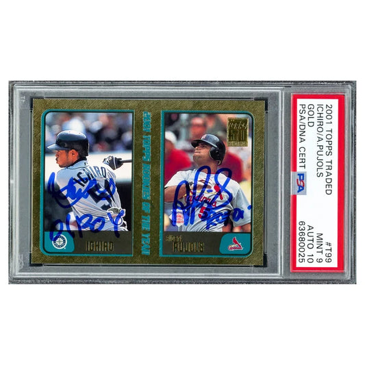 Ichiro Suzuki & Albert Pujols Autographed 2001 Topps Traded Gold Rookie Card #T99 "01 ROY" - PSA/DNA Authenticated