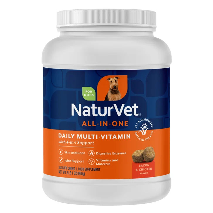 NaturVet Daily Multi-Vitamin All-In-One Supplement for Dogs, Bacon and Chicken Flavor, 240-count