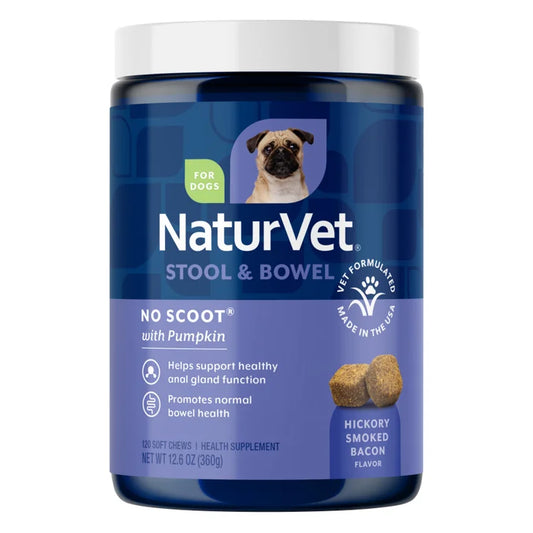 NaturVet No Scoot Stool & Bowel Supplements for Dogs, Hickory Smoked Bacon Flavor, 120-count