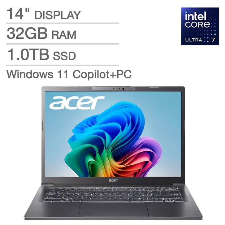Acer Aspire 14" AI Copilot+ PC Touchscreen Laptop - Intel Core Ultra 7 processor 258V - WUXGA (1920 x 1200) Touchscreen - 32GB RAM - 1TB SSD - Windows 11 Home - Steel Gray