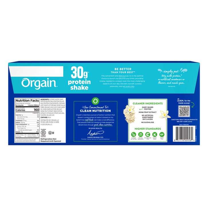 Orgain 30g Milk Protein Shake, Vanilla, 11.0 fl oz, 18-pack
