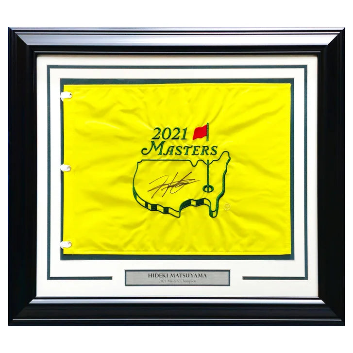 Hideki Matsuyama Autographed Framed Yellow 2021 Masters Golf Pin Flag - Beckett Authenticated