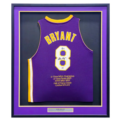 Kobe Bryant Autographed Framed Purple and Yellow Stat Jersey #2/8 - PSA and Beckett Authenticated