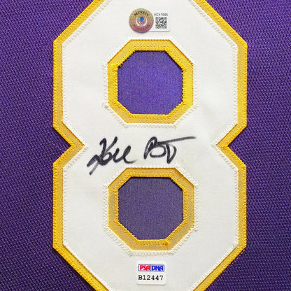 Kobe Bryant Autographed Framed Purple and Yellow Stat Jersey #2/8 - PSA and Beckett Authenticated