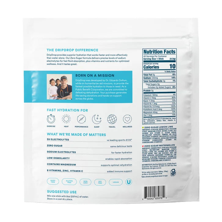 DripDrop Hydration Zero Sugar Electrolytes, 40 Individual Sticks in Resealable Pouch, Variety Pack