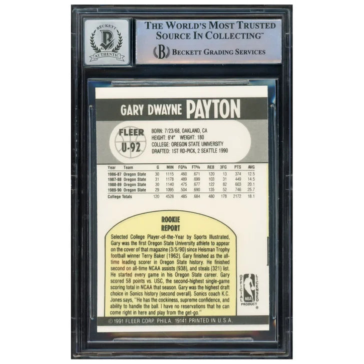 Gary Payton Autographed 1990-91 Fleer Update Rookie Card #U-92 Seattle Supersonics - Beckett Authenticated