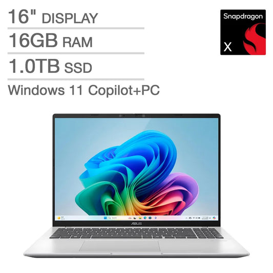 ASUS Vivobook 16" Copilot+ PC Laptop - Powered by Snapdragon X 8-Core Processor - 16GB RAM - 1TB SSD - Windows 11