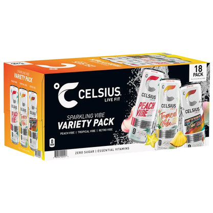 Celsius Sparkling Energy Drink, Vibe Variety Pack, 12 fl oz, 18-count