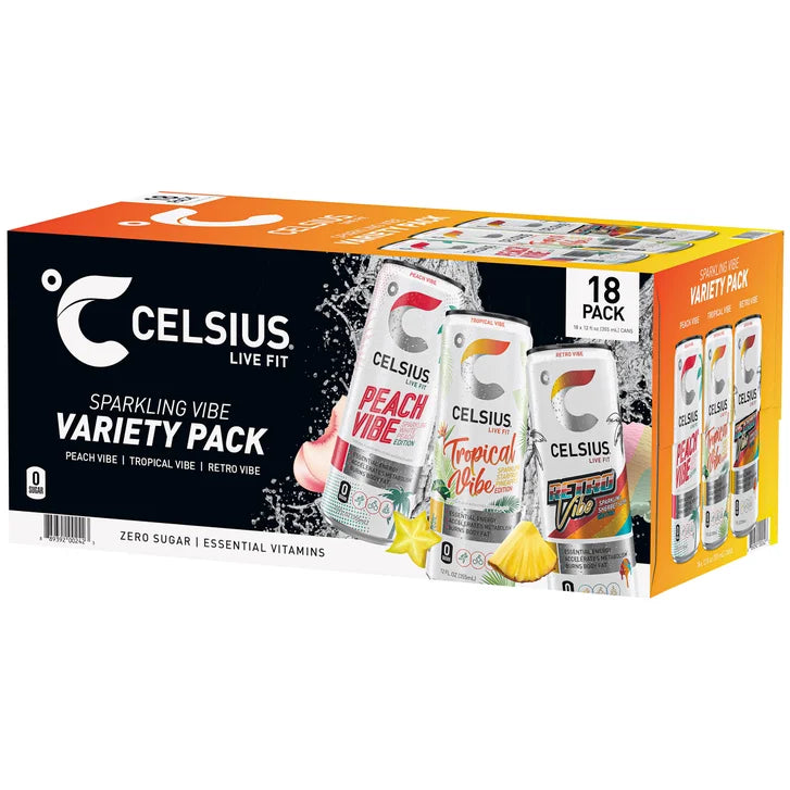 Celsius Sparkling Energy Drink, Vibe Variety Pack, 12 fl oz, 18-count