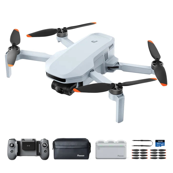Potensic ATOM 2 4K Drone Bundle with 128GB MicroSD Card, Remote Lanyard and 2 Spare Propeller Kits.