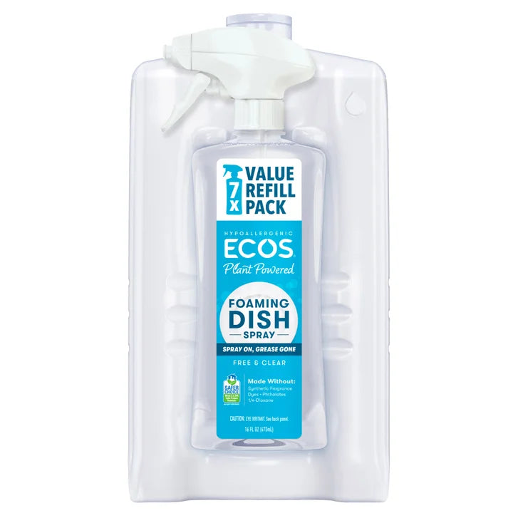 ECOS Foaming Dish Soap Spray, Free & Clear, 16 fl oz + 96 fl oz Refill