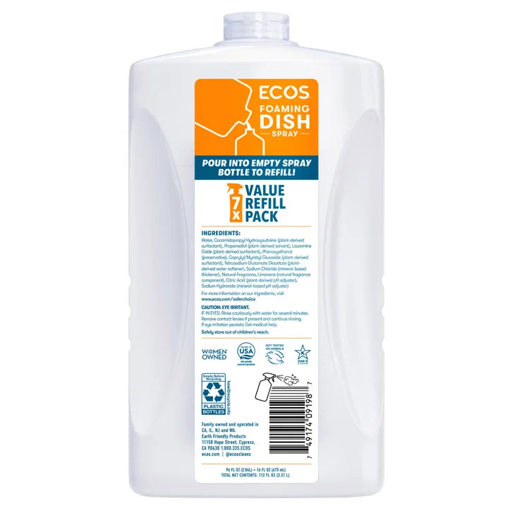 ECOS Foaming Dish Soap Spray, Lemon, 16 fl oz + 96 fl oz Refill