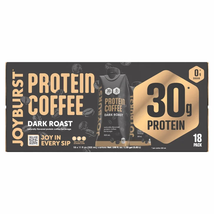 Joyburst 30g Protein Coffee Shakes, Dark Roast, 11 fl oz, 18-pack