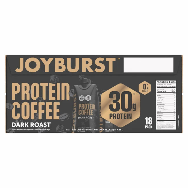 Joyburst 30g Protein Coffee Shakes, Dark Roast, 11 fl oz, 18-pack