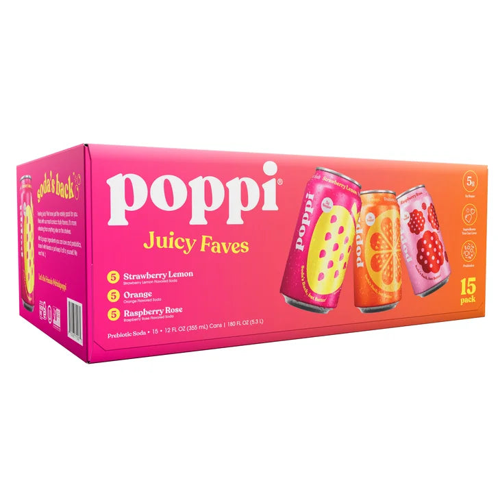 Poppi Soda, Juicy Faves Variety Pack, 12 fl oz, 15-count