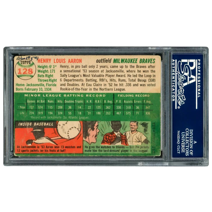 Hank Aaron Autographed 1954 Topps Card #128 Vintage 1950's Rookie Era Signature Milwaukee Braves - PSA/DNA Authenticated