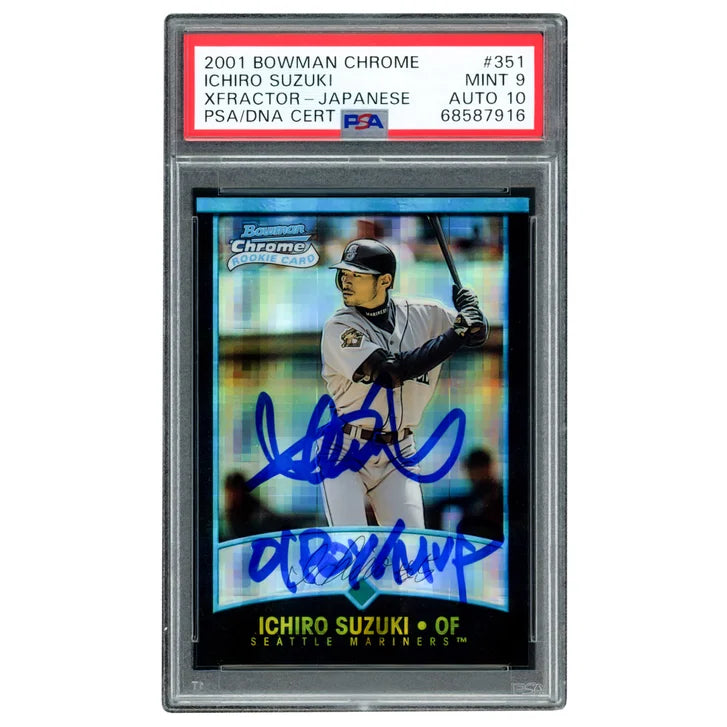 Ichiro Suzuki Autographed 2001 Bowman Chrome XFractor Japanese Rookie Card #351 "01 ROY/MVP" Highest Graded Pop 1 Seattle Mariners - PSA/DNA Authenticated