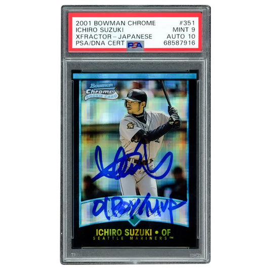 Ichiro Suzuki Autographed 2001 Bowman Chrome XFractor Japanese Rookie Card #351 "01 ROY/MVP" Highest Graded Pop 1 Seattle Mariners - PSA/DNA Authenticated