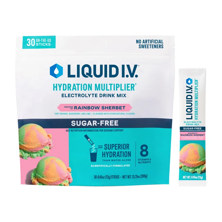Liquid I.V. Hydration Multiplier, 30 Individual Serving Stick Packs in Resealable Pouch, Sugar Free, Rainbow Sherbet