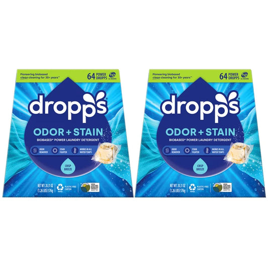 Dropps Odor + Stain Biobased* Power Laundry Detergent Pacs, Crisp Breeze, 128-count