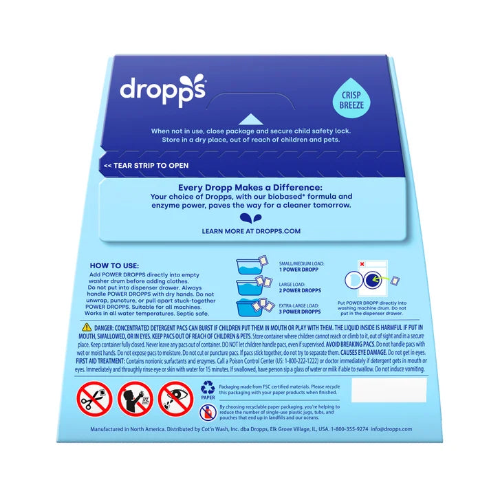 Dropps Odor + Stain Biobased* Power Laundry Detergent Pacs, Crisp Breeze, 128-count