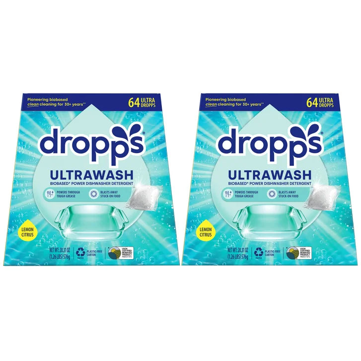 Dropps Ultrawash Biobased* Power Dishwasher Detergent Pacs, Lemon Citrus, 128-count