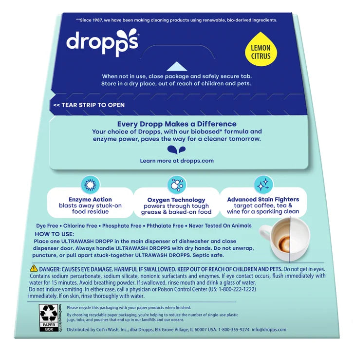 Dropps Ultrawash Biobased* Power Dishwasher Detergent Pacs, Lemon Citrus, 128-count