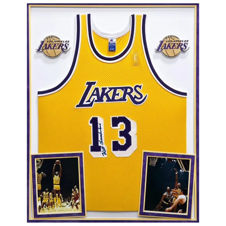 Wilt Chamberlain Autographed Framed Yellow Champion Los Angeles Lakers Jersey - PSA/DNA Authenticated