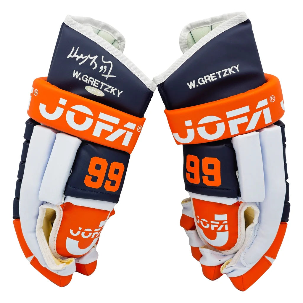 Wayne Gretzky Autographed Navy Blue & Orange Jofa Authentic 1989 Hockey Gloves "99" Edmonton Oilers - Upper Deck Authenticated