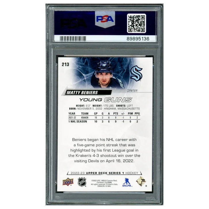 Matty Beniers Autographed 2022 Upper Deck Young Guns Rookie Card #213 Seattle Kraken - PSA/DNA Authenticated