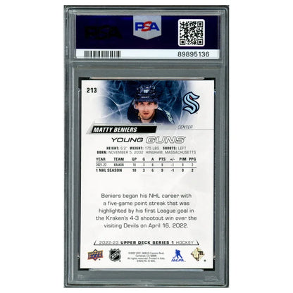 Matty Beniers Autographed 2022 Upper Deck Young Guns Rookie Card #213 Seattle Kraken - PSA/DNA Authenticated
