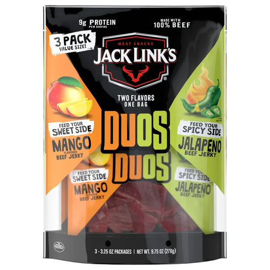 Jack Link's Duos Beef Jerky, Mango and Jalapeño, 3.25 oz, 3-count