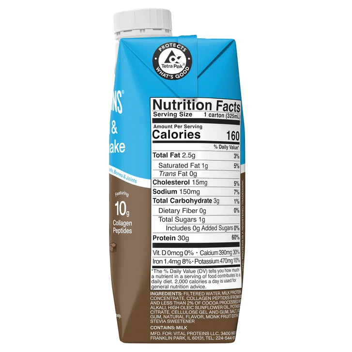 Vital Proteins 10g Collagen and 30g Total Protein Shake, Chocolate, 11 fl oz, 18-pack
