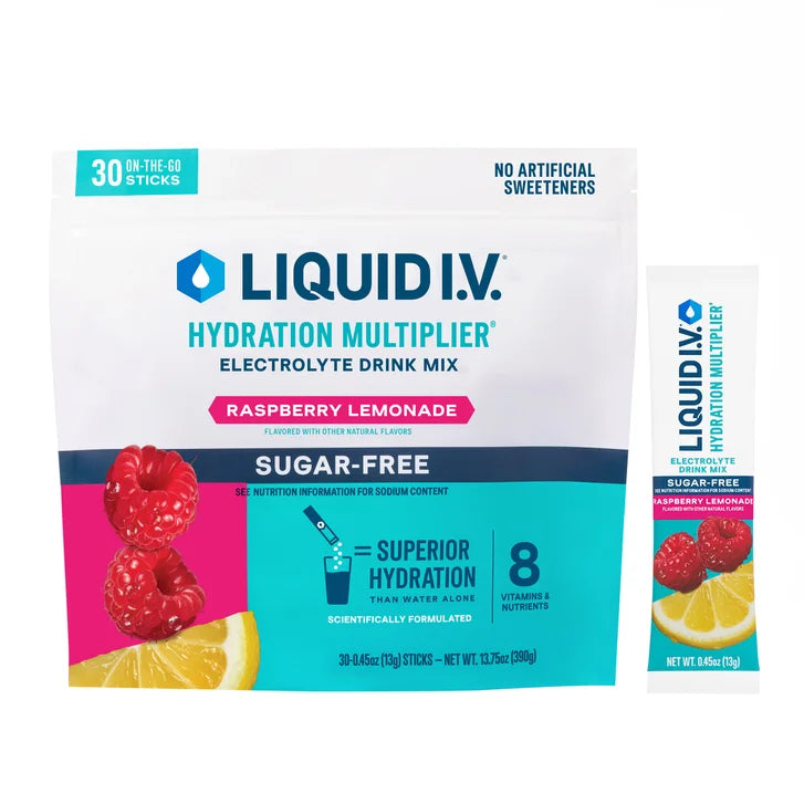 Liquid I.V. Hydration Multiplier, 30 Individual Serving Stick Packs in Resealable Pouch, Sugar Free, Raspberry Lemonade