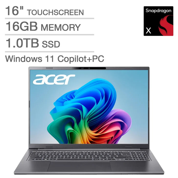 Acer Aspire 16" AI Copilot+ PC Touchscreen Laptop — Snapdragon X — WUXGA (1920 x 1200) — 16GB RAM — 1TB SSD - Windows 11 Home — Steel Gray