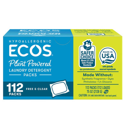 ECOS Laundry Detergent Packs, Free & Clear, 112-count
