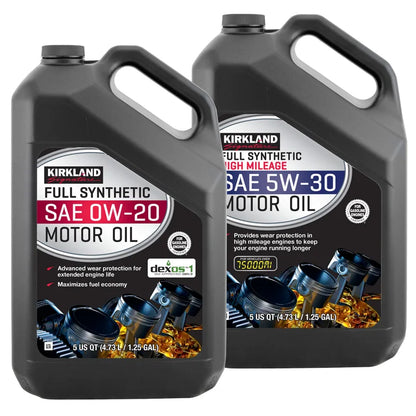 Kirkland Signature 0W-20 Full Synthetic and 5W-30 High Mileage Full Synthetic Motor Oil 5-Quart, 4-Pack