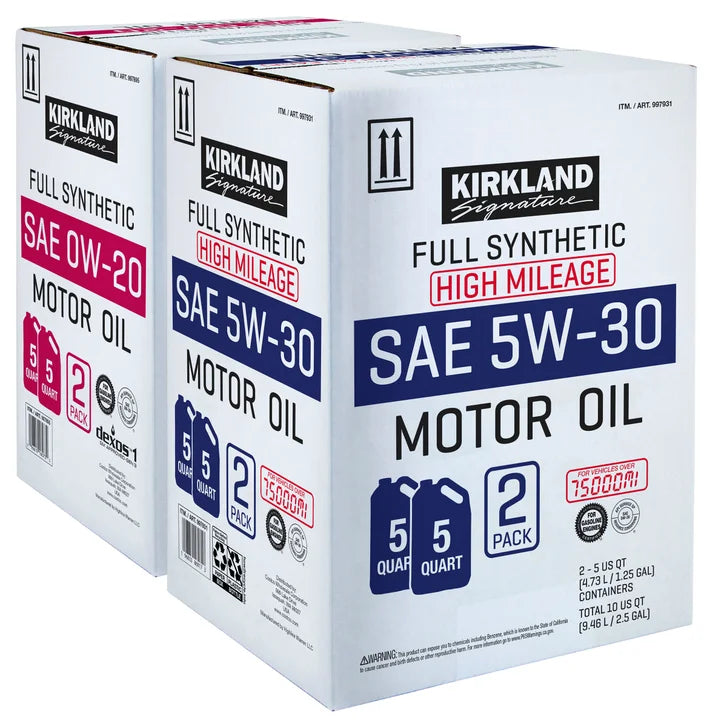 Kirkland Signature 0W-20 Full Synthetic and 5W-30 High Mileage Full Synthetic Motor Oil 5-Quart, 4-Pack