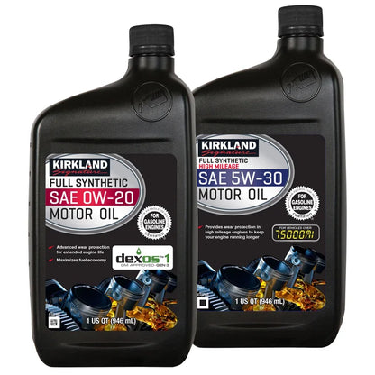 Kirkland Signature 0W-20 Full Synthetic and 5W-30 High Mileage Full Synthetic Motor Oil 1-Quart, 12-Pack