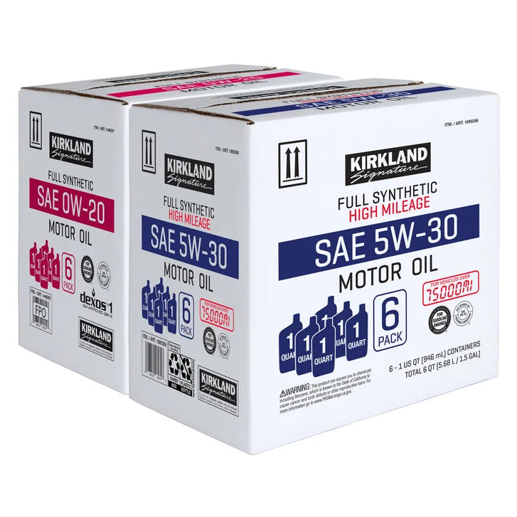Kirkland Signature 0W-20 Full Synthetic and 5W-30 High Mileage Full Synthetic Motor Oil 1-Quart, 12-Pack