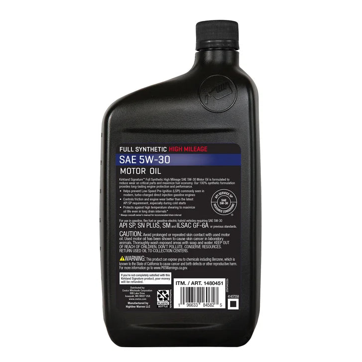 Kirkland Signature 5W-30 Full Synthetic and 5W-30 High Mileage Full Synthetic Motor Oil 1-quart, 12-pack