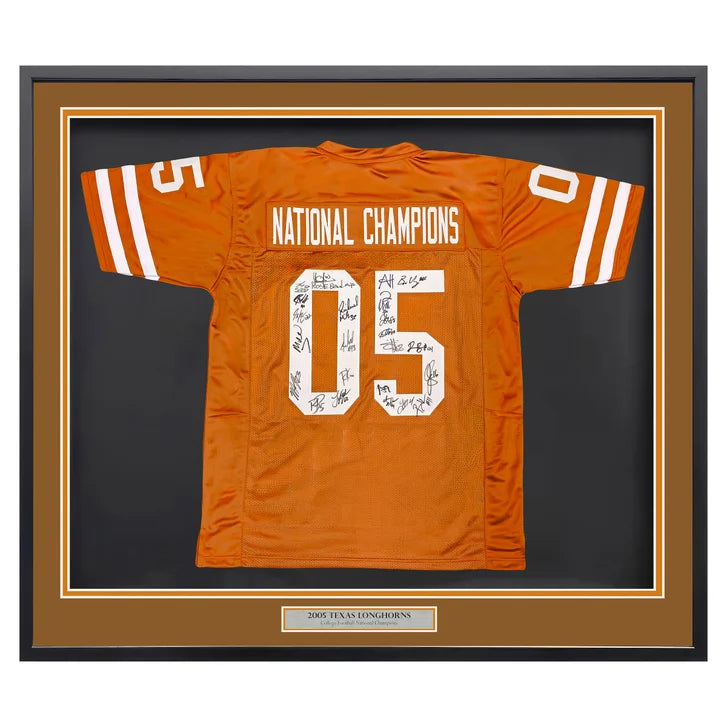 2005 CFB National Champions Texas Longhorns Autographed Framed Orange Jersey With 24 Signatures - Beckett Authenticated