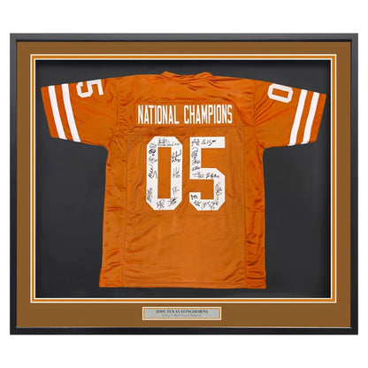 2005 CFB National Champions Texas Longhorns Autographed Framed Orange Jersey With 24 Signatures - Beckett Authenticated