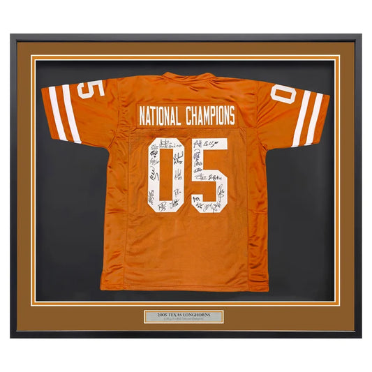 2005 CFB National Champions Texas Longhorns Autographed Framed Orange Jersey With 24 Signatures - Beckett Authenticated
