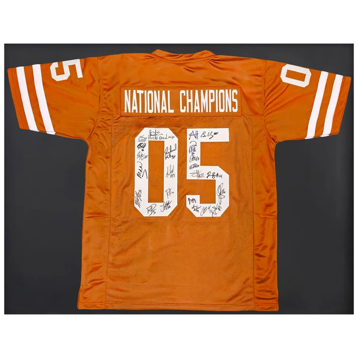 2005 CFB National Champions Texas Longhorns Autographed Framed Orange Jersey With 24 Signatures - Beckett Authenticated